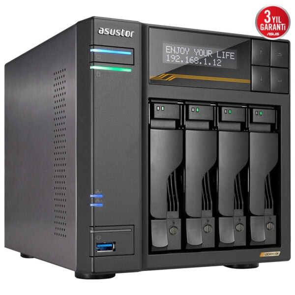 ASUSTOR LOCKERSTOR 4 Gen3 (AS6804T) AMD Ryzen V3C14, 16GB DDR5, 4 Yuvalı, 10GbE NAS depolama ünitesi.