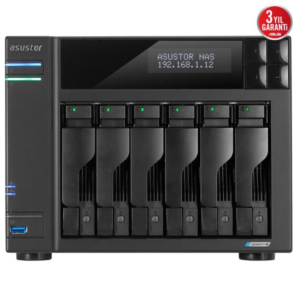 ASUSTOR NAS cihazı, yüksek performans ve güvenilirlik sunan 6 yuvalı depolama çözümüdür. Intel Celeron N5105 işlemci ve 8GB RAM ile güçlü veri yönetimi sağlar.