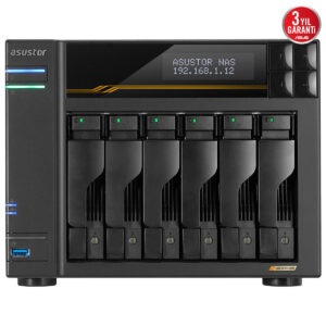 ASUSTOR LOCKERSTOR 6 Gen3 NAS, 6 yuvalı yüksek performanslı depolama çözümü, AMD Ryzen V3C14 işlemci ve 16GB DDR5 RAM ile hızlı ve güvenilir veri saklama sağlar.