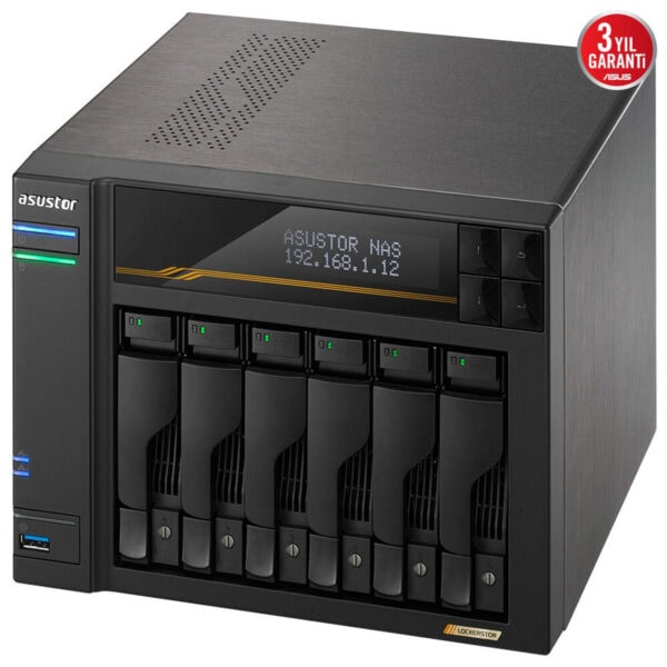 Asustor LOCKERSTOR 6 Gen3 (AS6806T) NAS, 6 yuvalı, 10GbE, AMD Ryzen V3C14, 16GB DDR5, yüksek performanslı depolama çözümü.