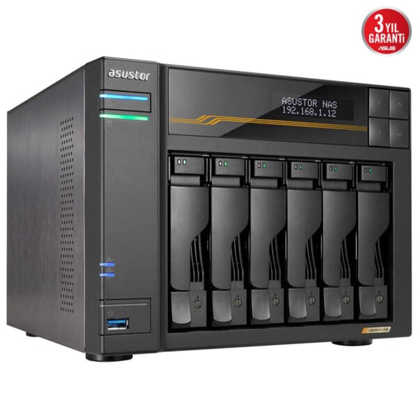 Asustor LOCKERSTOR 6 Gen3 (AS6806T) NAS, AMD Ryzen V3C14 işlemci ve 16GB DDR5 RAM ile yüksek performans sağlar. 6 yuvalı ve 10GbE bağlantı desteği ile veri depolama ve yedekleme çözümleri sunar.