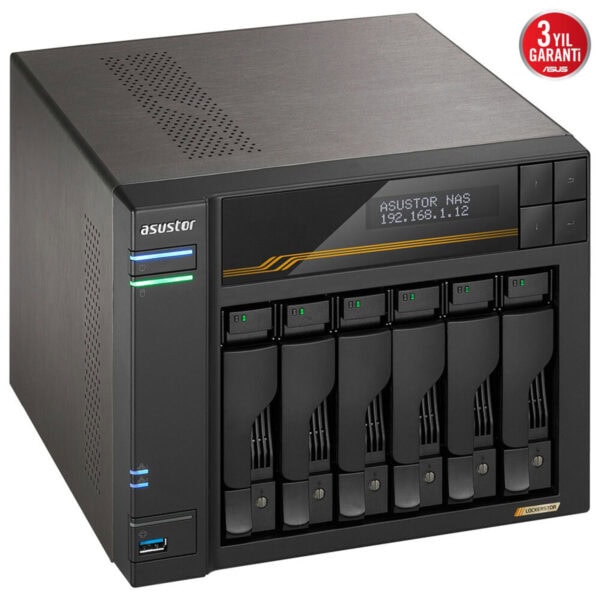 ASUSTOR LOCKERSTOR 6 Gen3 NAS, 6 yuvalı, 10GbE hızında AMD Ryzen V3C14 işlemcili, 16GB DDR5 RAM ile yüksek performanslı veri depolama ve yedekleme çözümü.