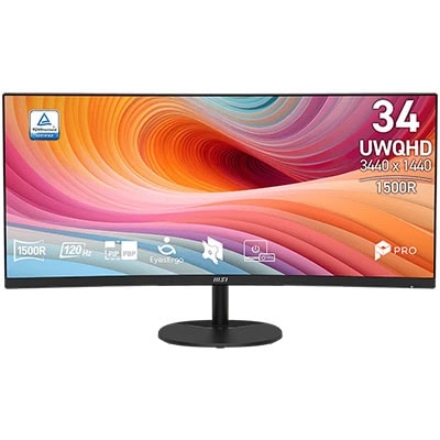 MSI PRO MP341CQ E12 34 inç UWQHD Kavisli Monitör, 120Hz yenileme hızı ve 1ms tepki süresi ile oyun ve profesyonel kullanım için ideal. Adaptive Sync teknolojisi sayesinde akıcı görüntü sağlar.