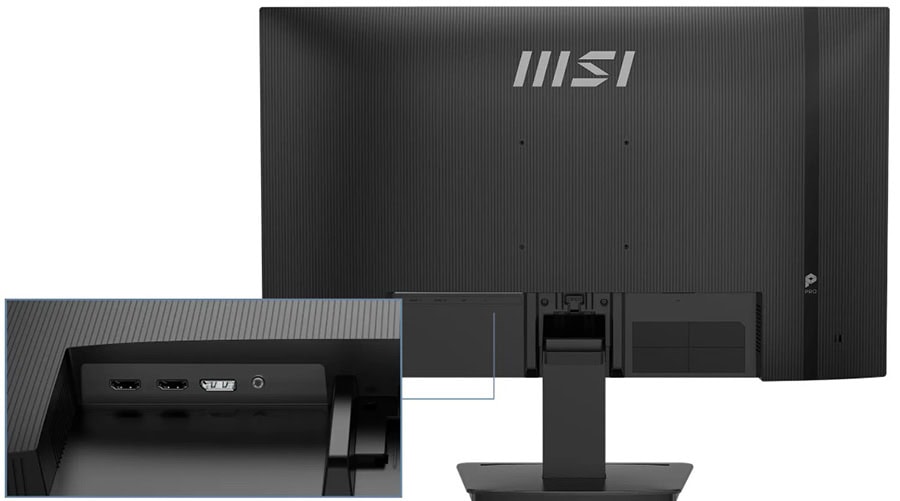 MSI markalı yüksek performanslı oyun monitörünün arka tasarımı ve bağlantı noktaları detaylı şekilde gösterilmektedir.