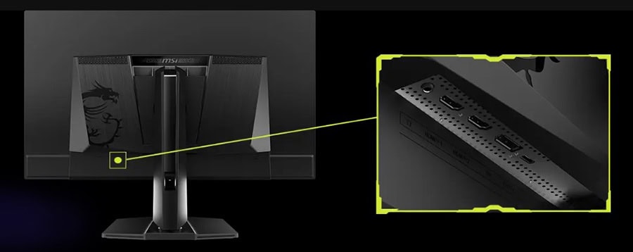 Yüksek performanslı bilgisayar monitörü arka bağlantı noktaları ve portlar detaylı görünüm.