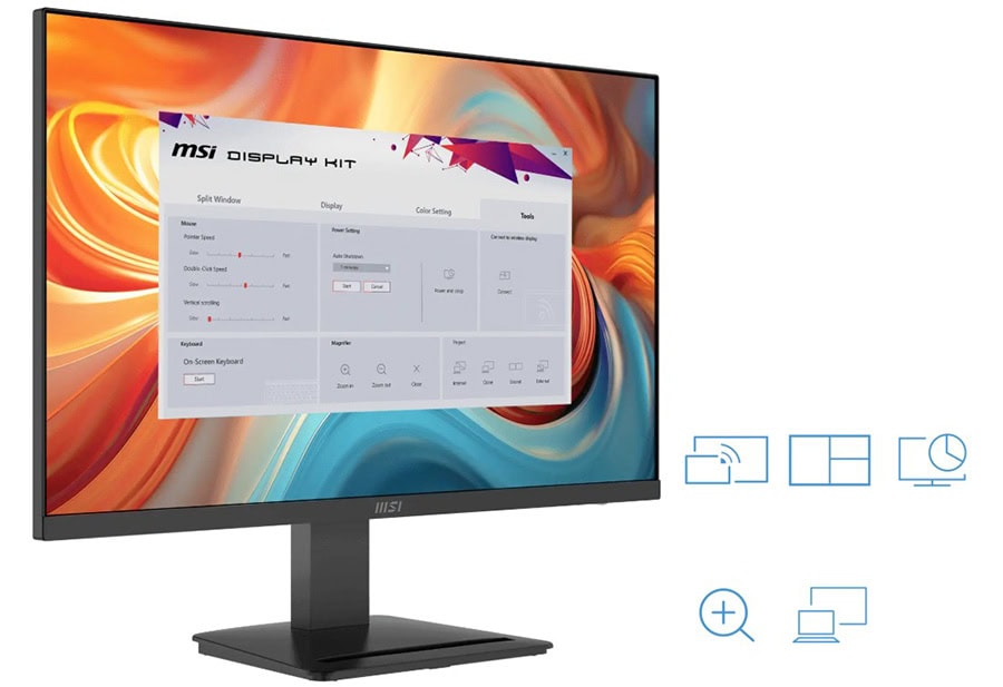 MSI Display Kit yazılımı açık olan monitör ekranı, ekran ayarları ve yapılandırma seçenekleriyle. Oyun ve grafik tasarım için yüksek çözünürlüklü monitör, kullanıcı dostu arayü.