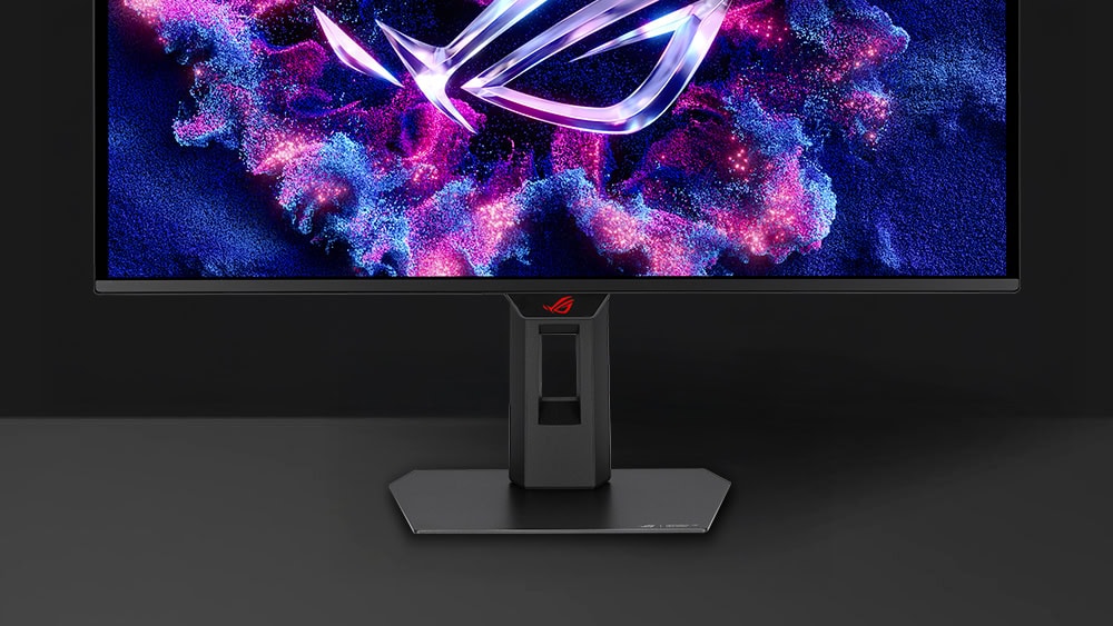 XG27UQDMS ROG oyun monitörü ve logo detayları.