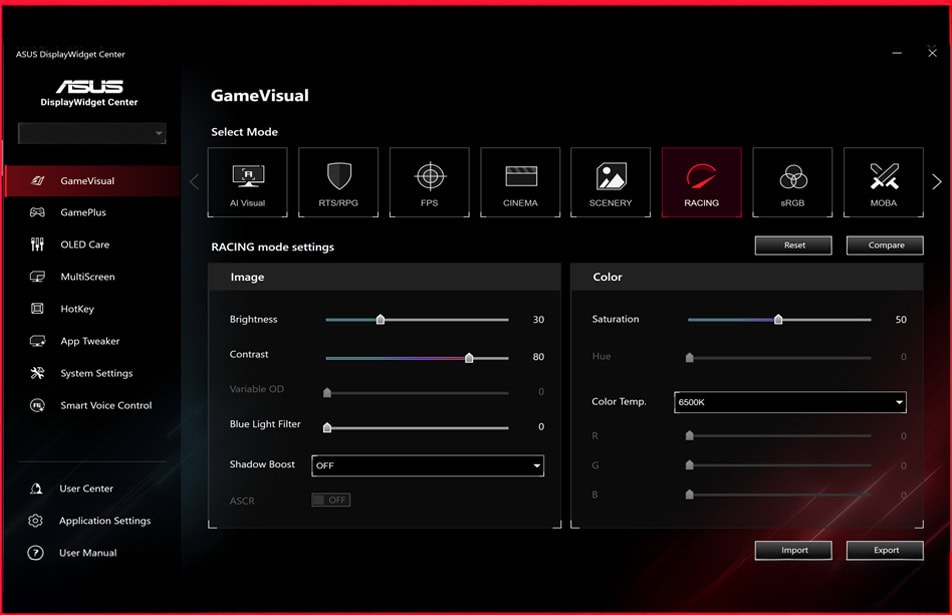 XG27UQDMS Yüksek çözünürlüklü oyun monitörü ekran görüntüsü, ASUS GameVisual RACING modu ayarlarıyla optimize edilmiş, renk ve kontrast ayarlarıyla hızlı ve akıcı oyun deneyimi sağlar.