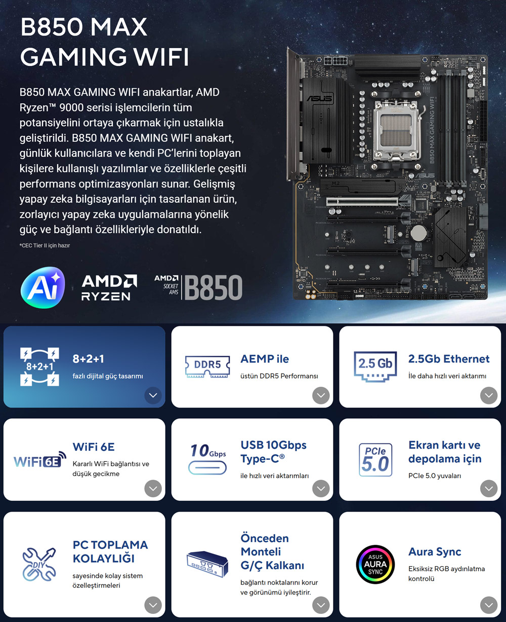 B850 MAX GAMING WIFI ASUS B850 MAX GAMING WIFI 9000MHz (OC) DDR5 Soket AM5 M.2 HDMI DP ATX Anakart h2