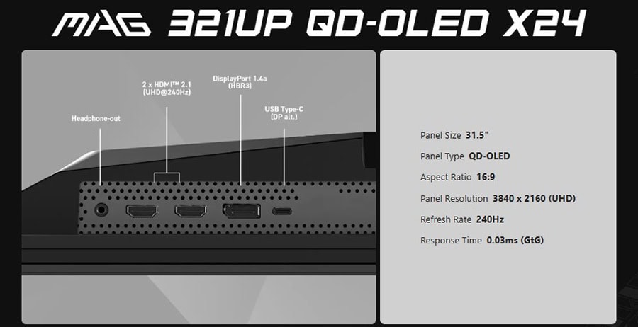 MAG 321UP 00-OLED X24 monitör bağlantı ve özellikleri, HDMI, USB-C, kulaklık çıkışı ve ekran boyutu bilgileri.