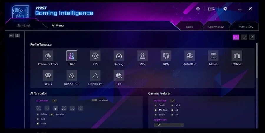 MSI Gaming Intelligence yazılım arayüzü, oyun performansını optimize etmek için çeşitli ayarların yapıldığı ekran görüntüsü.