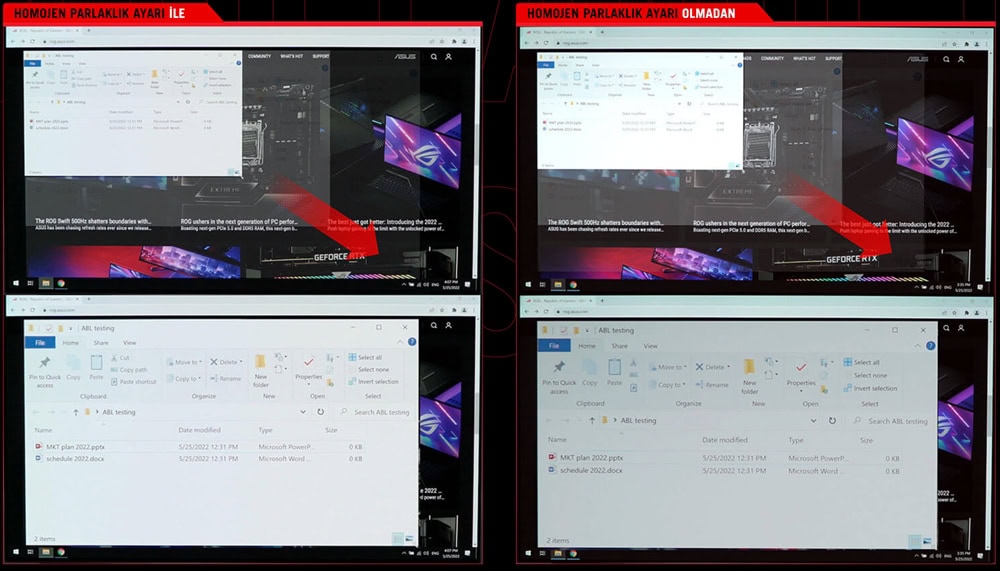 XG27UQDMS Bilgisayar ekranında oyun ve grafik ayarlarını gösteren iki farklı ekran görüntüsü, biri parlaklık ayarlarıyla, diğeri ise parlaklık olmadan.