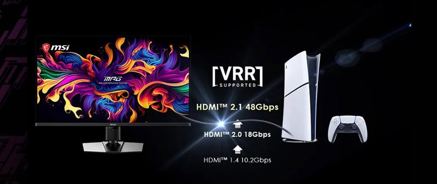 VRR destekli yüksek çözünürlüklü oyun konsolu ve monitör, HDMI 2.1 teknolojisi ile 4K ve 8K çözünürlüklerde akıcı oyun deneyimi sağlar.