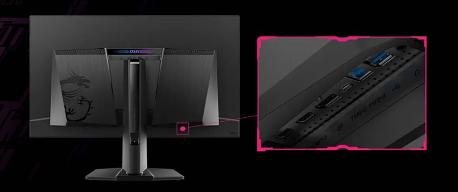 Yüksek çözünürlüklü oyun monitörü ve çeşitli bağlantı noktaları detayları. Monitörün arka panelinde HDMI, DisplayPort ve USB portları bulunuyor. Bu görüntü, oyun ve profesyonel kullanım için tasarlanm.