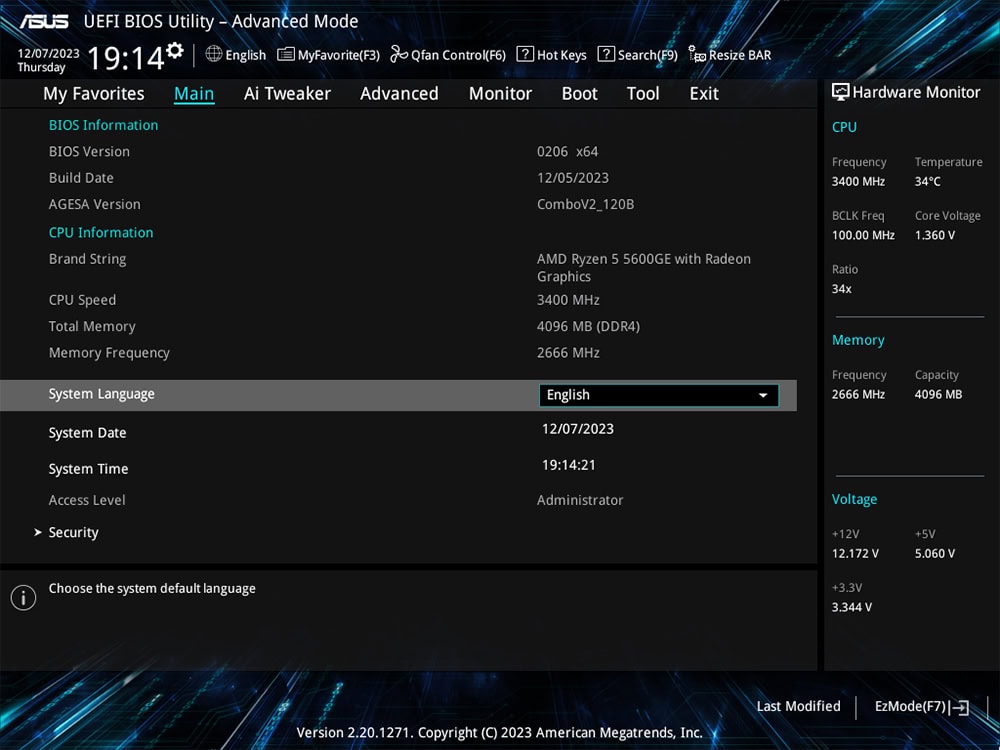PRIME A520M-R AMD Ryzen 5 5600G işlemcili bilgisayarın BIOS ayar ekranı, sistem bilgileri ve performans detayları, yüksek performans ve güvenilirlik vurgusu ile.