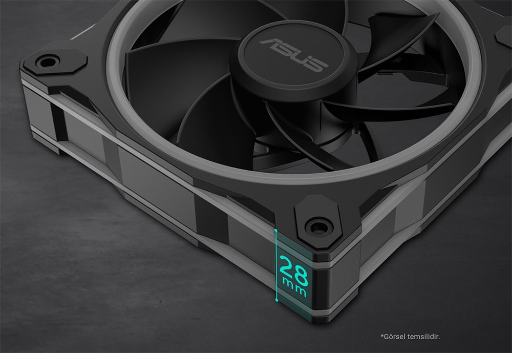 ASUS marka bilgisayar soğutucu fanı, 120mm çapında ve 28mm yüksekliğinde, yüksek hava akışı sağlayan tasarımıyla oyun ve bilgisayar performansını artırır.