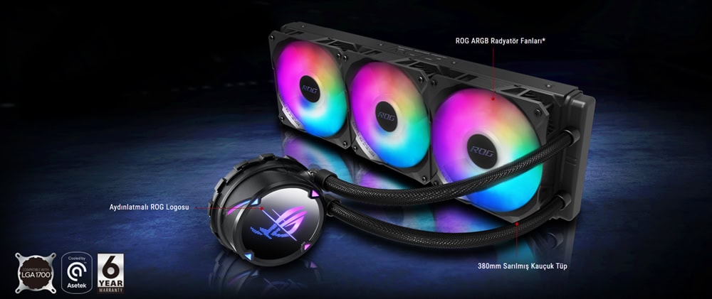 ROG AIO sıvı soğutucu, RGB aydınlatmalı fanlar ve 360mm radyatör ile yüksek performans ve estetik sunar. Oyun ve overclock için ideal, sessiz ve verimli soğutma sağlar.