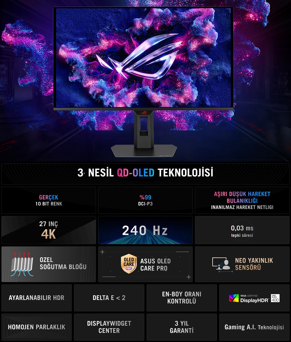 XG27UQDMS ASUS ROG Strix OLED XG27UQDMS 26.5 inç 240Hz 0.03ms 4K UHD Adaptive Sync Tandem QD-OLED Pivot Gaming Monitör h2