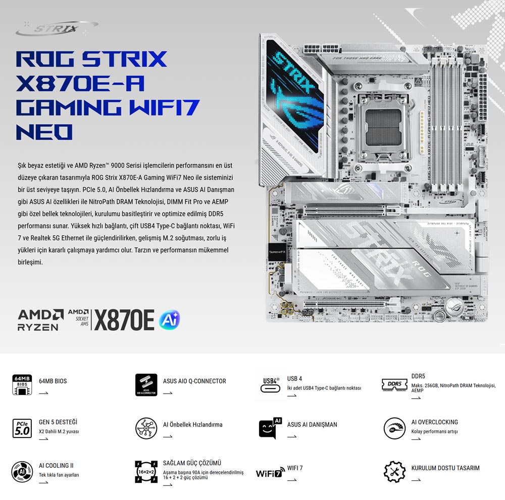 ROG STRIX X870E-A GAMING WIFI7 NEO ASUS ROG STRIX X870E-A GAMING WIFI7 NEO 9000MHz (OC) DDR5 Soket AM5 M.2 USB4 ATX Anakart h2