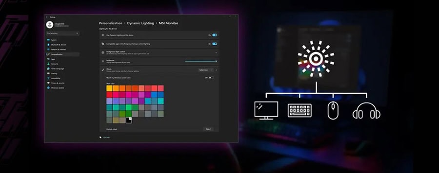Oyun bilgisayarı ve RGB aydınlatma kontrol paneli ekran görüntüsü, kişiselleştirilmiş aydınlatma ayarları ve bilgisayar performansını optimize eden yazılım arayüzü.