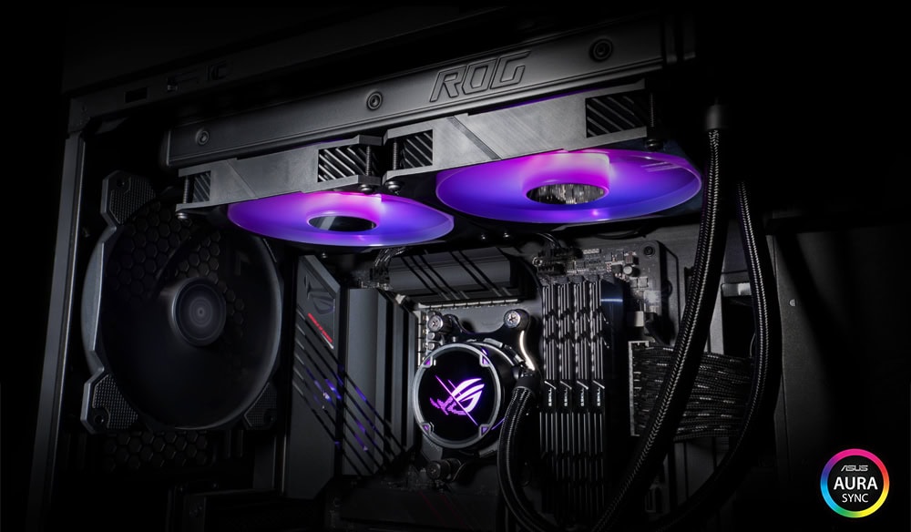 Yüksek performanslı oyun bilgisayarı iç tasarımı, RGB aydınlatmalı soğutucu fanlar ve gelişmiş donanım detaylarıyla güçlü ve şık bir bilgisayar sistemi.