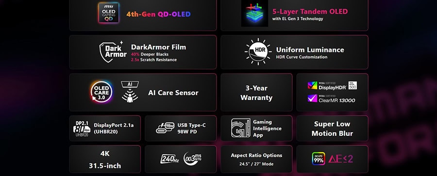 MSI MPG 322UR QD-OLED X24 31.5 inç 240Hz 0.03ms 4K UHD Adaptive Sync Pivot Gaming Monitör h4