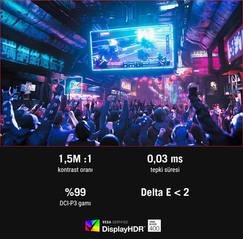 XG27UQDMS Oyun turnuvası izleyicileri ve profesyonel oyuncuların bulunduğu, neon ışıklar ve büyük ekranlar ile donatılmış modern bir e-spor etkinliği ortamı.