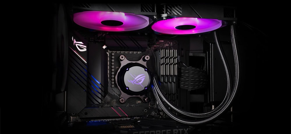 Oyun bilgisayarında yüksek performans ve stabilite için gelişmiş soğutucu sistem, RGB aydınlatmalı fanlar ve su soğutma teknolojisi.