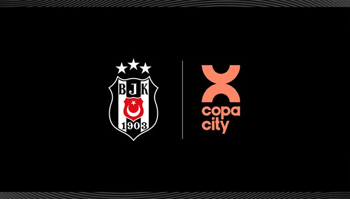Copa City ve Beşiktaş futbol takımı logoları, siyah arka plan üzerinde yan yana duruyor.