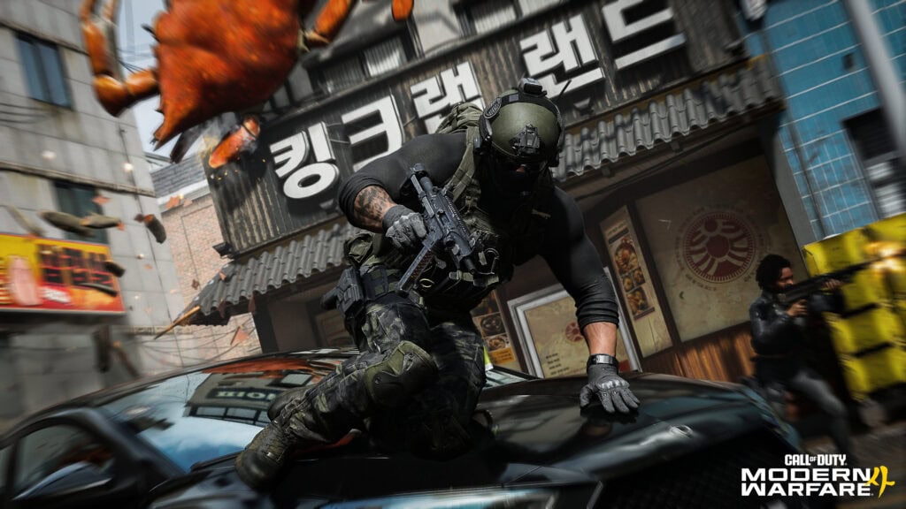 Modern Warfare 4 oyunu için yoğun savaş sahnesi, askerler ve patlamalar, şehir ortamında aksiyon dolu anlar.