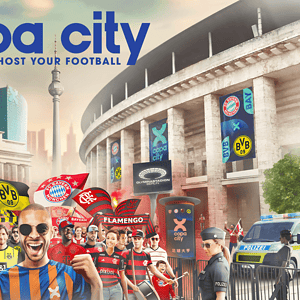 Copa City futbol stadyumu önünde taraftarlar ve futbol temalı dekorasyonlar, canlı atmosfer ve büyük ekranlar ile dolu.