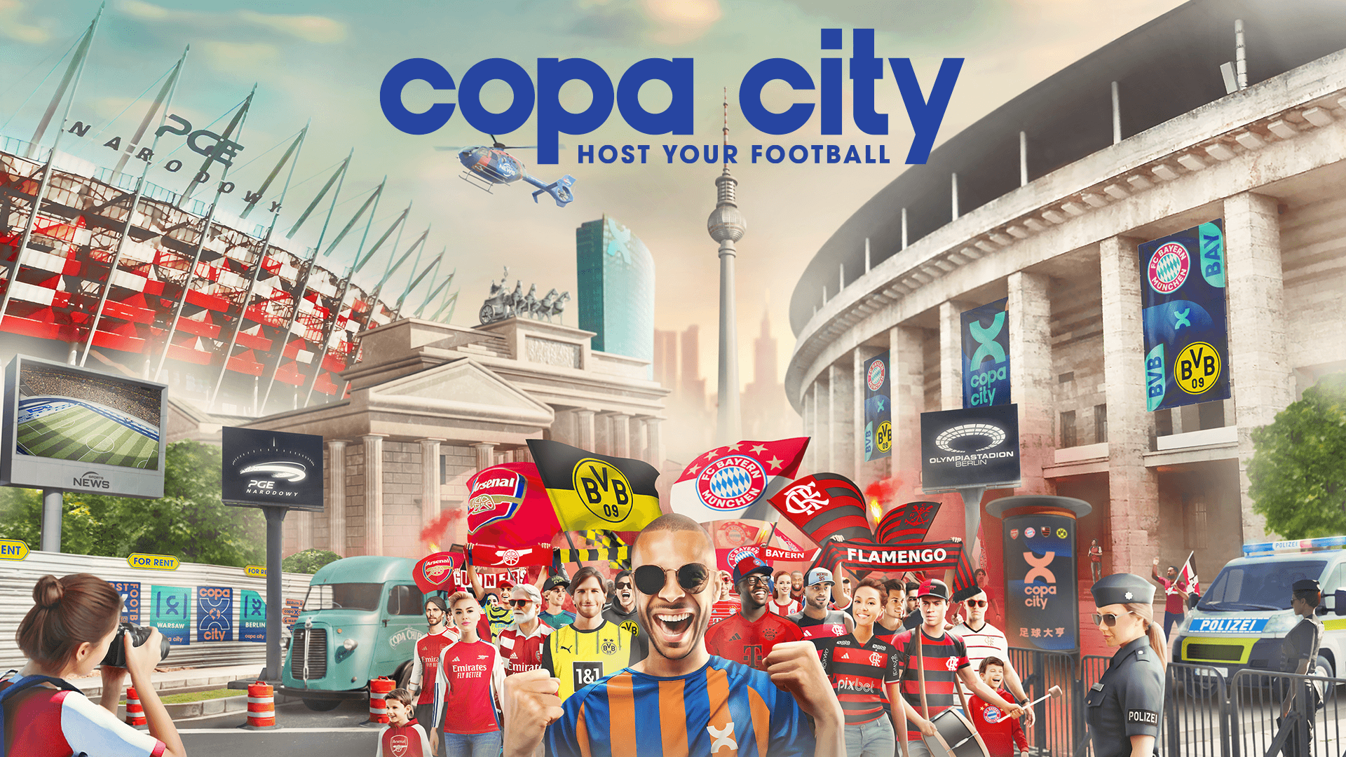 Copa City futbol stadyumu önünde taraftarlar ve futbol temalı dekorasyonlar, canlı atmosfer ve büyük ekranlar ile dolu.