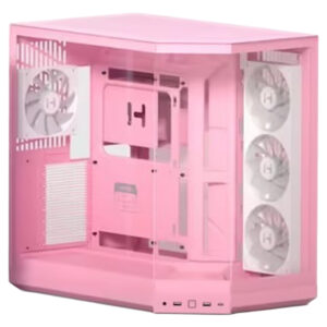 Pembe renkli bilgisayar kasası, 3 adet soğutucu fan ve şeffaf yan panel ile gaming ve ofis kullanımı için ideal. Modern tasarımıyla dikkat çeker, yüksek hava akışı sağlar.
