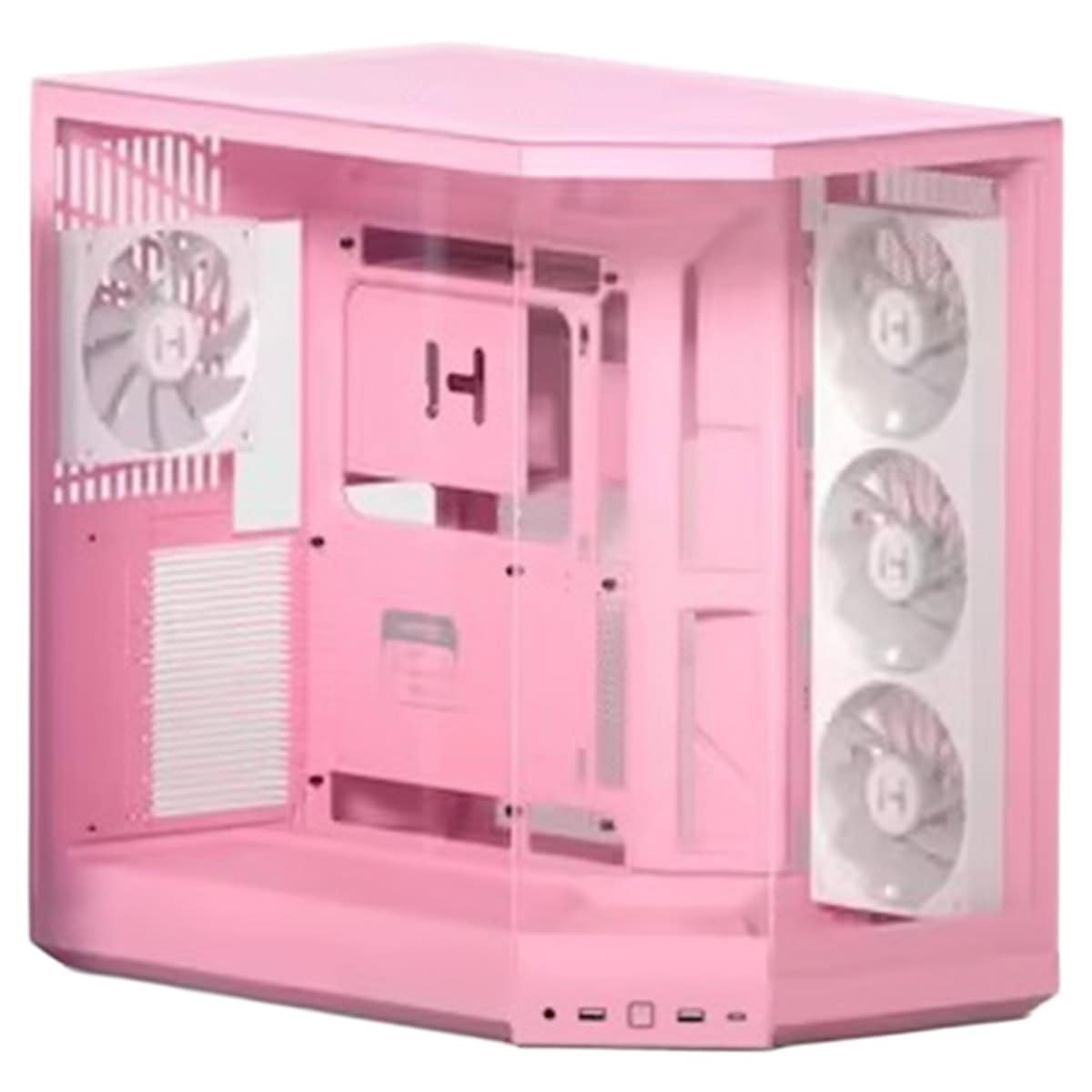 Pembe renkli bilgisayar kasası, 3 adet soğutucu fan ve şeffaf yan panel ile gaming ve ofis kullanımı için ideal. Modern tasarımıyla dikkat çeker, yüksek hava akışı sağlar.