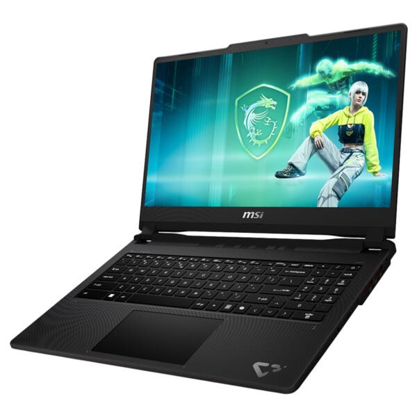 MSI gaming dizüstü bilgisayar, güçlü performans ve yüksek grafik kalitesi ile oyun tutkunları için ideal. Dragon Shield logosu ve oyun karakteri ekranında gösteriliyor.