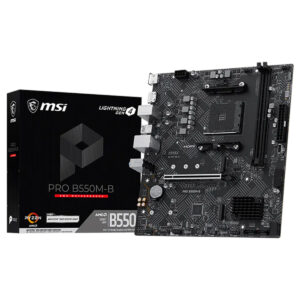 MSI Pro B550M-B anakart, AMD Ryzen işlemciler için yüksek performanslı ve dayanıklı anakart, oyun ve profesyonel kullanım için ideal, B550 yonga seti destekli.