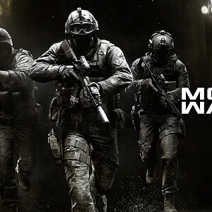 Modern Warfare 4 oyunu için savaşçı askerler, karanlık arka plan ve aksiyon dolu sahne, oyunun heyecanını yansıtan görsel.