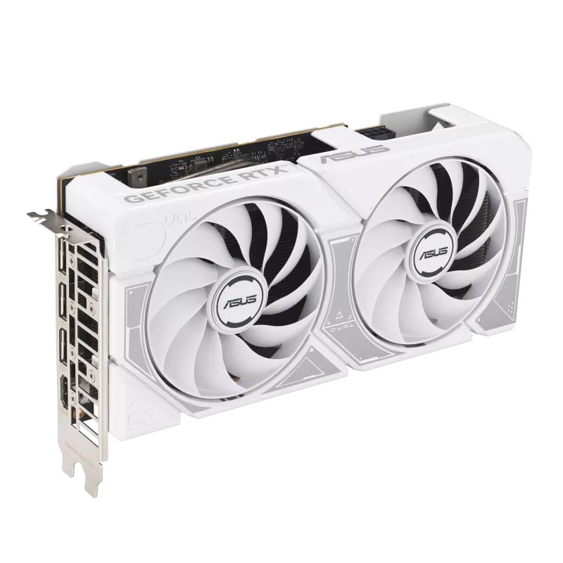 ASUS RTX 5060 DUAL ekran kartı, beyaz renkli tasarımı ve çift fanlı soğutma sistemiyle dikkat çekiyor.