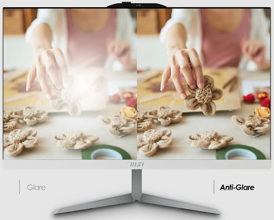 MSI All In One bilgisayar ekranında parmakla dokunma ve anti-glare özelliği gösteriliyor.