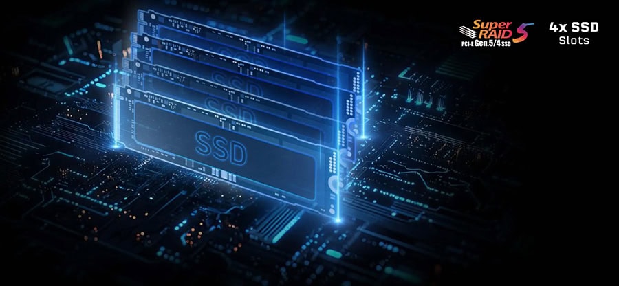Yüksek performanslı SSD bellek modülü, dijital devreler ve LED ışıklandırma ile vurgulanmış, bilgisayar donanımı ve veri depolama konseptini yansıtıyor.