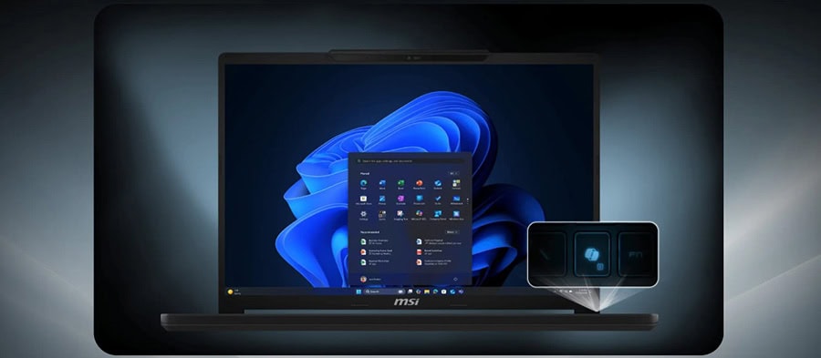 MSI CROSSHAIR 16 MAX HX dizüstü oyun bilgisayarı, ekran ve aksesuarlar detaylı görünüm.