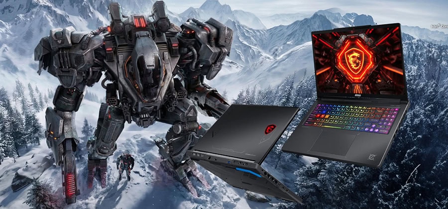 MSI gaming dizüstü bilgisayar ve büyük robotik makine, karla kaplı dağlar önünde, yüksek teknolojili ve güçlü görünüyor.