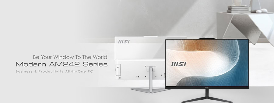 MSI Modern AM242 serisi all-in-one bilgisayar monitörü, şık tasarımı ve geniş ekranıyla ofis ve ev kullanımı için ideal.
