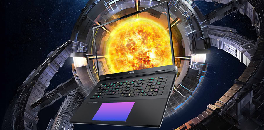 MSI TITAN 18 HX oyun laptopu, uzay temalı arka plan önünde gösteriliyor.