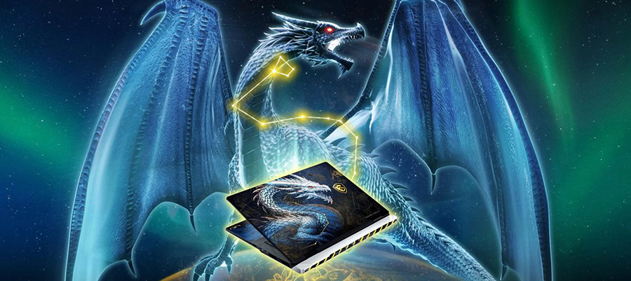 MSI Titan 18 HX Dragon Edition dizüstü bilgisayar ve ejderha görseli, yüksek performans ve oyun deneyimi vurgulanıyor.