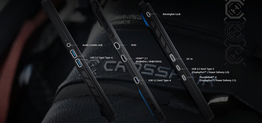 MSI CROSSHAIR 16 MAX HX dizüstü bilgisayarın yan tarafındaki çeşitli bağlantı noktaları ve portlar detaylı şekilde gösteriliyor.