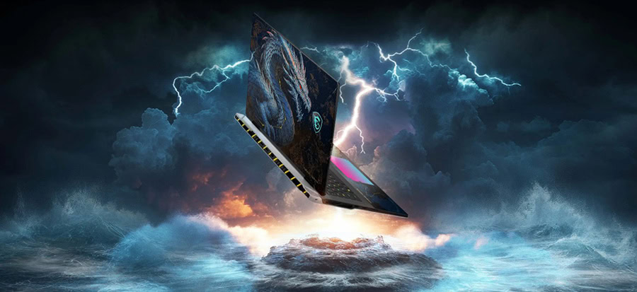 Yüksek performanslı MSI TITAN 18 HX Dragon Edition dizüstü oyun bilgisayarı, fırtına ve elektrik efektleriyle dramatik bir arka plan önünde gösteriliyor.