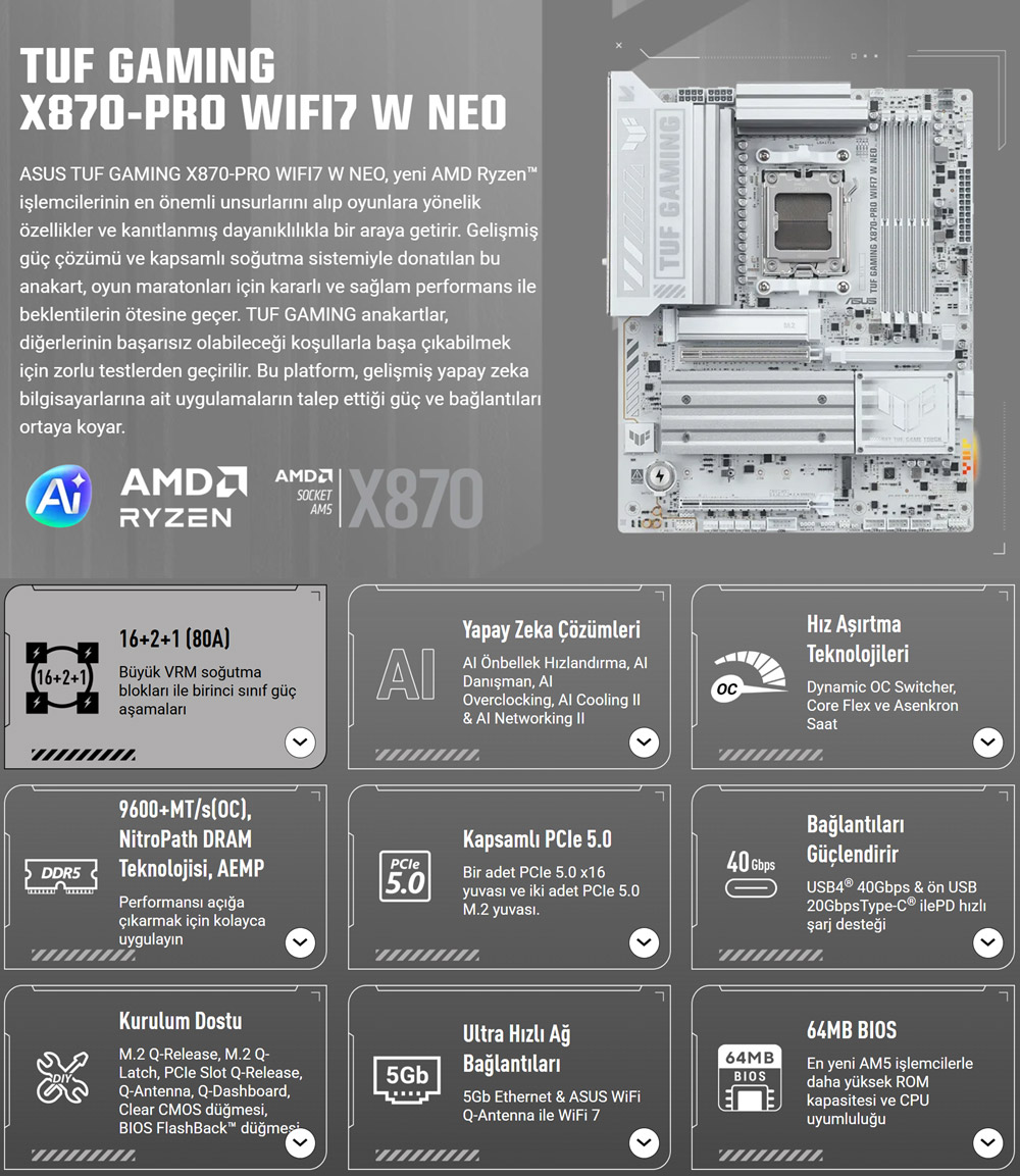 TUF GAMING X870-PRO WIFI7 W NEO ASUS TUF GAMING X870-PRO WIFI7 W NEO 9600MHz (OC) DDR5 Soket AM5 M.2 HDMI USB4 ATX Anakart h2