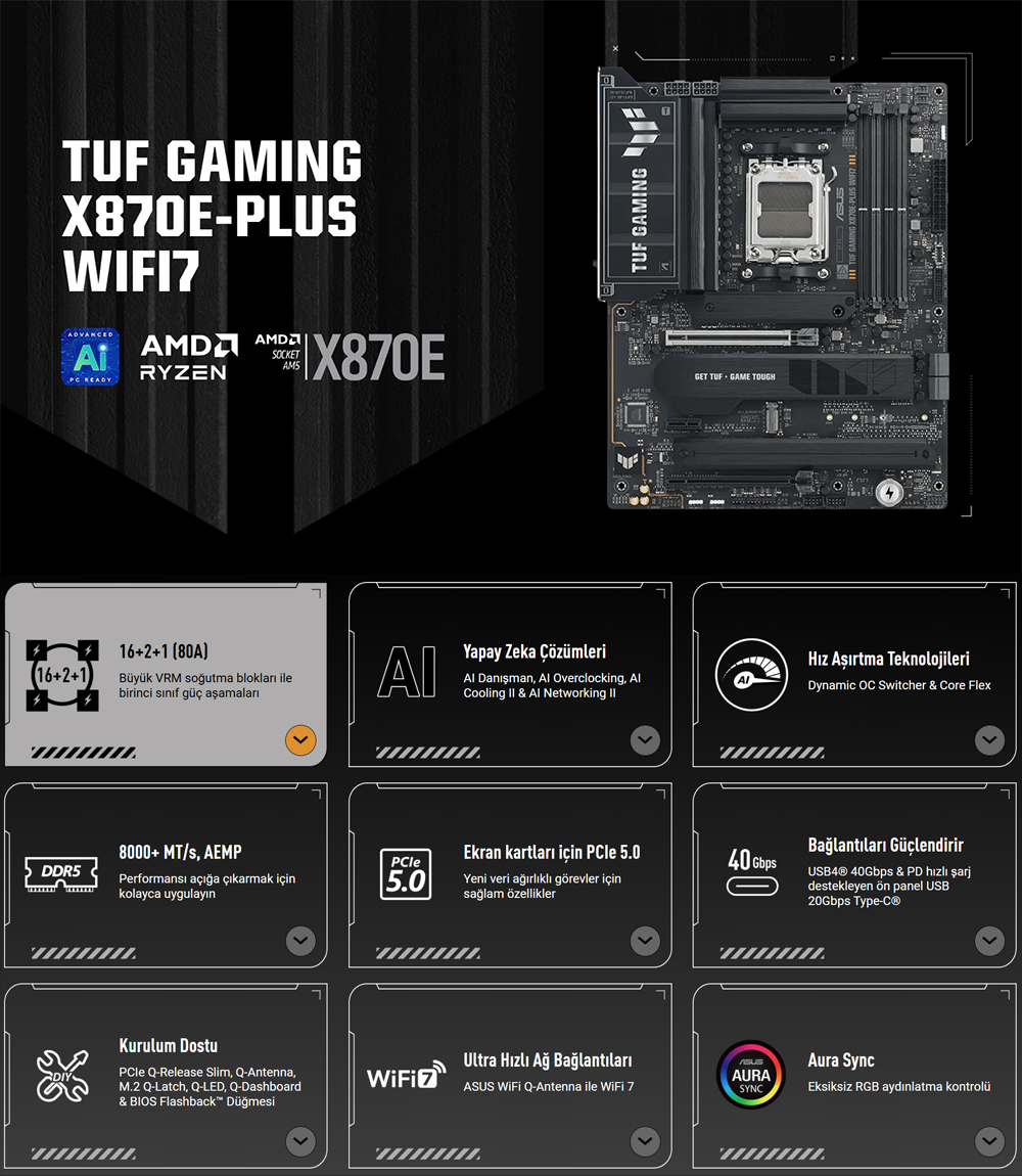 TUF GAMING X870E-PLUS WIFI7 ASUS TUF GAMING X870E-PLUS WIFI7 8000MHz (OC) DDR5 Soket AM5 M.2 HDMI ATX Anakart h2