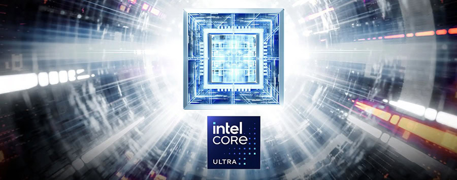 Intel Core Ultra işlemci simgesi, yüksek performans ve hız vurgusu ile teknolojik bir arka plan üzerinde gösteriliyor.